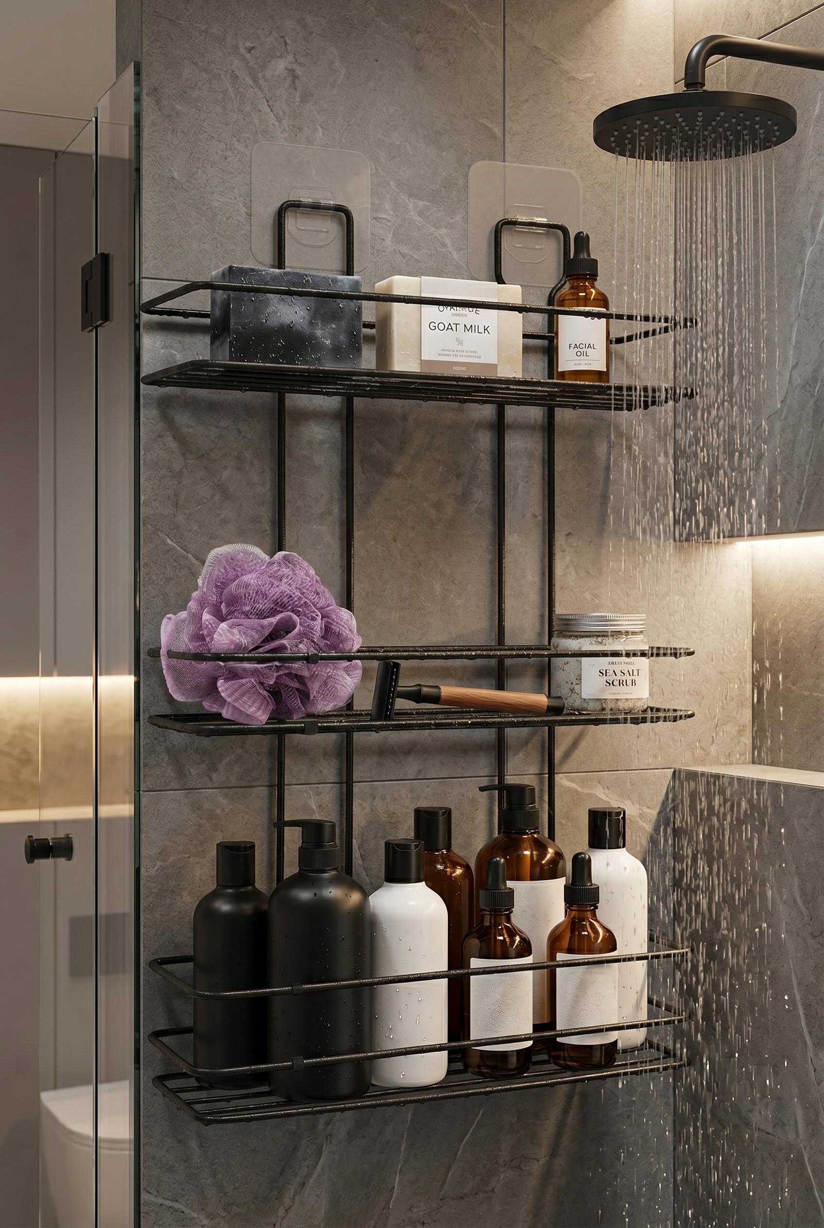 Filora Home Rechteckiges 3-stöckiges Shampoo-Regal — in einer modernen skandinavischen Küche